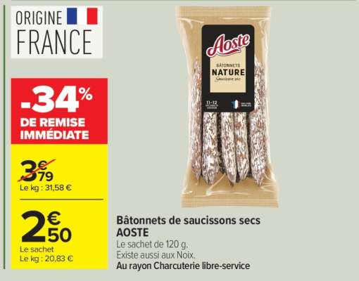 Bâtonnets de saucissons secs AOSTE