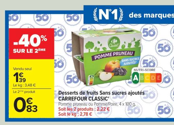 Desserts de fruits Sans sucres ajoutés CARREFOUR CLASSIC'