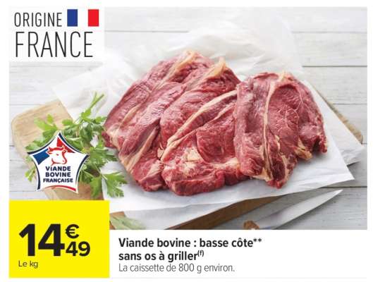 Viande bovine : basse côte** sans os à griller