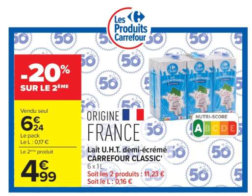 Lait U.H.T. demi-écrémé CARREFOUR CLASSIC'