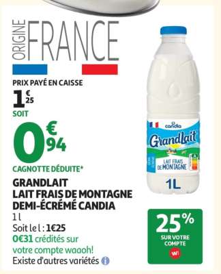 GRANDLAIT LAIT FRAIS DE MONTAGNE DEMI-ÉCRÉMÉ CANDIA