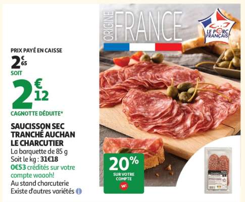 Saucisson Sec Tranché Auchan Le Charcutier