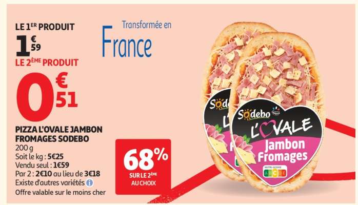 PIZZA L'OVALE JAMBON FROMAGES SODEBO