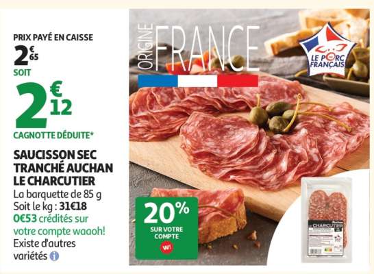 Saucisson Sec Tranché Auchan Le Charcutier