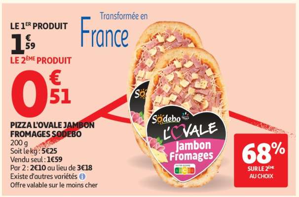 PIZZA L'OVALE JAMBON FROMAGES SODEBO