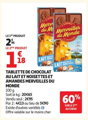 TABLETTE DE CHOCOLAT AU LAIT ET NOISETTES ET AMANDES MERVEILLES DU MONDE
