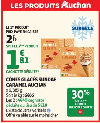 CÔNES GLACÉS SUNDAE CARAMEL AUCHAN