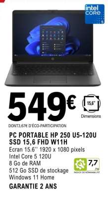PC PORTABLE HP 250 U5-120U SSD 15,6 FHD W11H