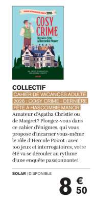 CAHIER DE VACANCES ADULTE 2026 : COSY CRIME - DERNIÈRE FÊTE À HASCOMBIE MANOR
