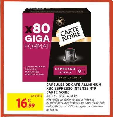CAPSULES DE CAFÉ ALUMINIUM X80 ESPRESSO INTENSE N°9 CARTE NOIRE