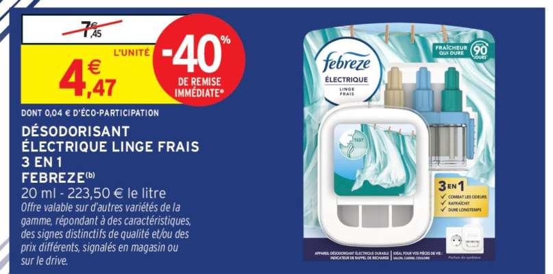 DÉSODORISANT ÉLECTRIQUE LINGE FRAIS 3 EN 1 FEBREZE