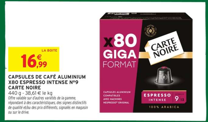 CAPSULES DE CAFÉ ALUMINIUM X80 ESPRESSO INTENSE N°9 CARTE NOIRE