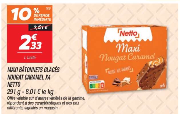 MAXI BÂTONNETS GLACÉS NOUGAT CARAMEL X4 NETTO