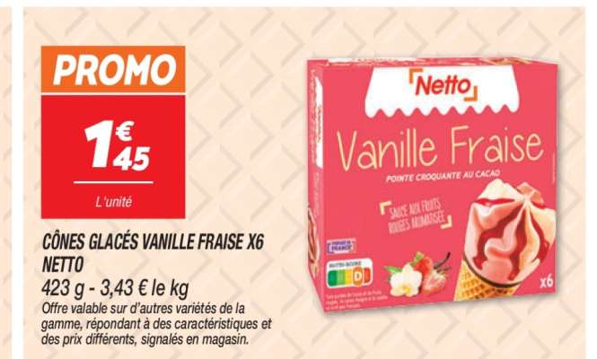 CÔNES GLACÉS VANILLE FRAISE X6 NETTO