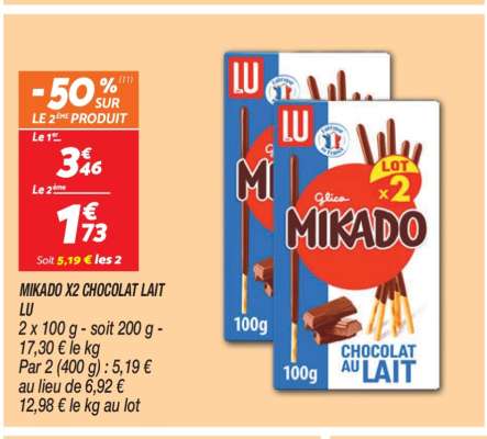 MIKADO X2 CHOCOLAT LAIT