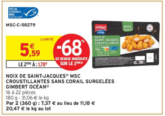 NOIX DE SAINT-JACQUES MSC CROUSTILLANTES SANS CORAIL SURGELÉES GIMBERT OCÉAN