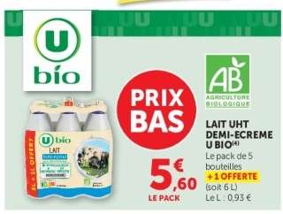 Lait UHT Demi Écrémé U Bio