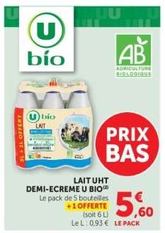 Lait UHT Demi Écrémé U Bio