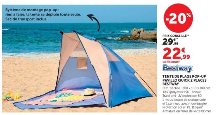 TENTE DE PLAGE POP-UP PAVILLO QUICK 2 PLACES BESTWAY