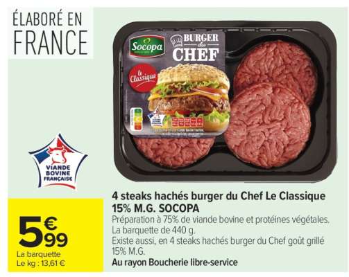 4 Steaks Hachés Burger du Chef Le Classique 15% M.G. SOCOPA