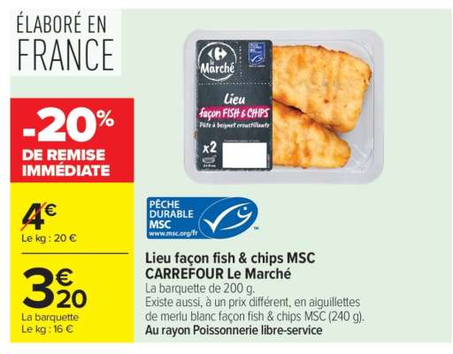 Lieu façon fish & chips MSC CARREFOUR Le Marché