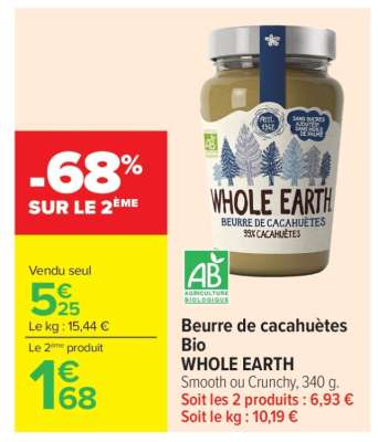 Beurre de cacahuètes Bio WHOLE EARTH