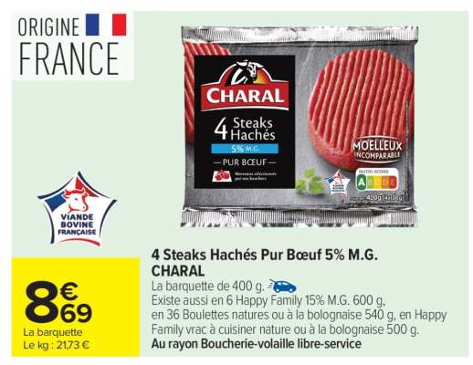 4 steaks hachés pur bœuf 5% M.G. CHARAL