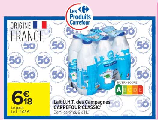 Lait U.H.T. des Campagnes CARREFOUR CLASSIC'