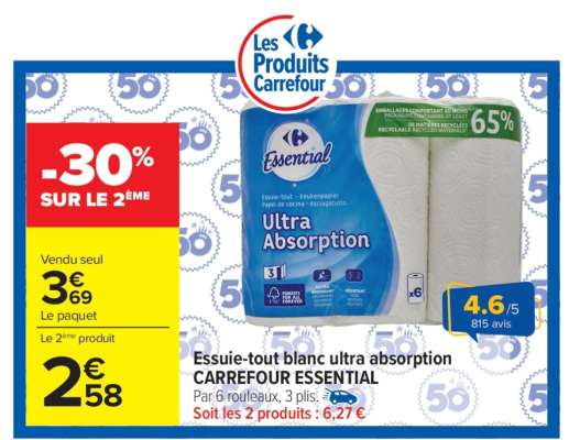 Essuie-tout blanc ultra absorption CARREFOUR ESSENTIAL