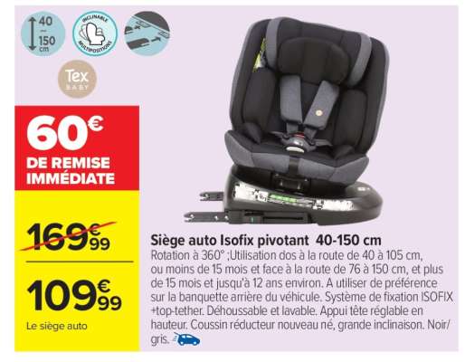 Siège auto Isofix pivotant 40-150 cm