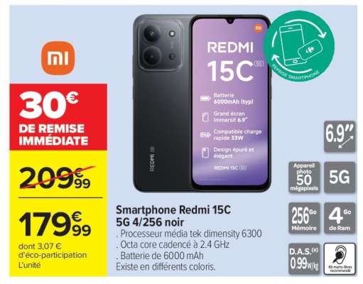 Smartphone Redmi 15C 5G 4/256 noir