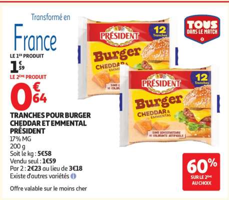 TRANCHES POUR BURGER CHEDDAR ET EMMENTAL PRÉSIDENT