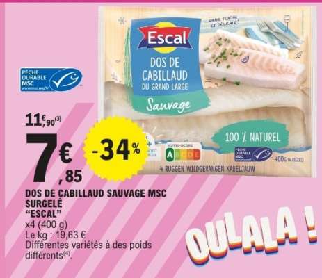 DOS DE CABILLAUD SAUVAGE MSC SURGELÉ “ESCAL”