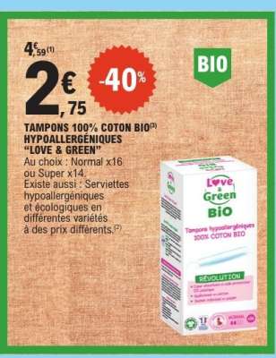 TAMPONS 100% COTON BIO HYPOALLERGENIQUES 'LOVE & GREEN'