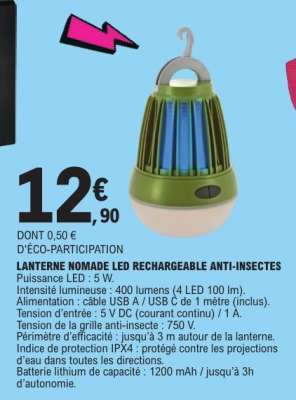 LANTERNE NOMADE LED RECHARGEABLE ANTI-INSECTES