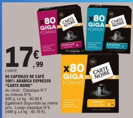 80 CAPSULES DE CAFÉ 100% ARABICA ESPRESSO “CARTE NOIRE”