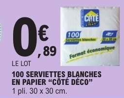 100 SERVIETTES BLANCHES EN PAPIER “CÔTÉ DÉCO”
