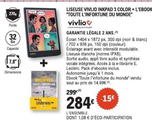 Liseuse Vivlio Inkpad 3 Color + L'ebook 'Toute l'infortune du monde'