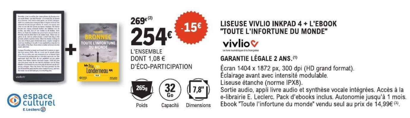 LISEUSE VIVLIO INKPAD 4 + L'EBOOK 'TOUTE L'INFORTUNE DU MONDE'