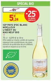 IGP PAYS D'OC BLANC MOELLEUX L'INÉDIT DU MAS NEUF BIO