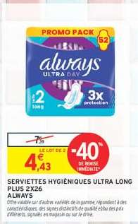 SERVIETTES HYGIÉNIQUES ULTRA LONG PLUS 2X26 ALWAYS