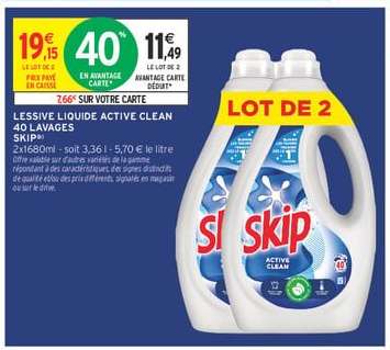 LESSIVE LIQUIDE ACTIVE CLEAN 40 LAVAGES SKIP