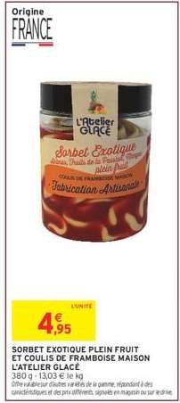 SORBET EXOTIQUE PLEIN FRUIT ET COULIS DE FRAMBOISE MAISON L'ATELIER GLACE
