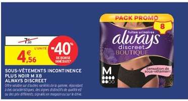 Sous-vêtements Incontinence Plus Noir M x8 Always Discreet