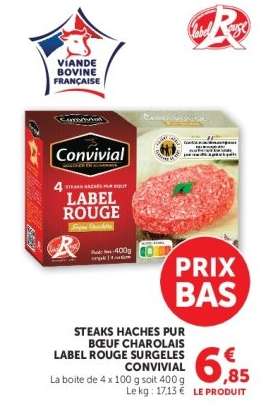 STEAKS HACHES PUR BŒUF CHAROLAIS LABEL ROUGE SURGELES CONVIVIAL