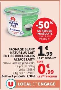 FROMAGE BLANC NATURE AU LAIT ENTIER BIBELESKAES ALSACE LAIT