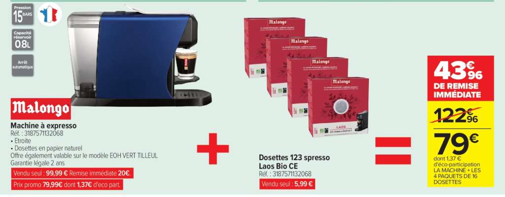 Machine à expresso + Dosettes 123 spresso Laos Bio CE