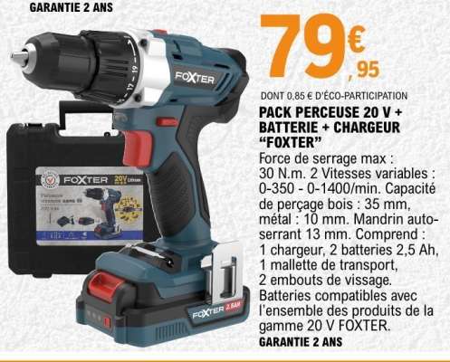 PACK PERCEUSE 20 V + BATTERIE + CHARGEUR "FOXTER"