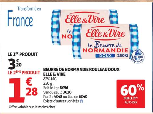 BEURRE DE NORMANDIE ROULEAU DOUX ELLE & VIRE