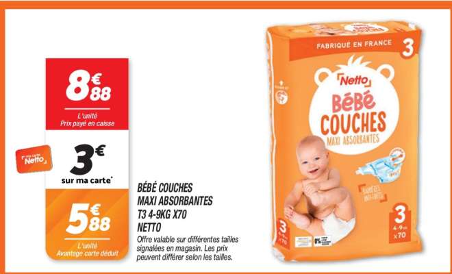 BÉBÉ COUCHES MAXI ABSORBANTES T3 4-9KG X70 NETTO